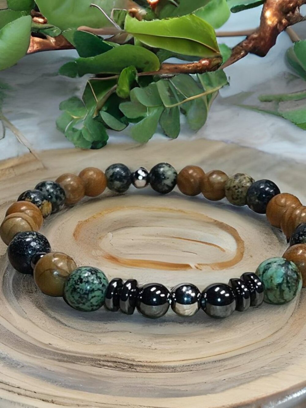 Savanna – Handmade African Turquoise & Woodgrain Jasper Bracelet, Hematite & Sta